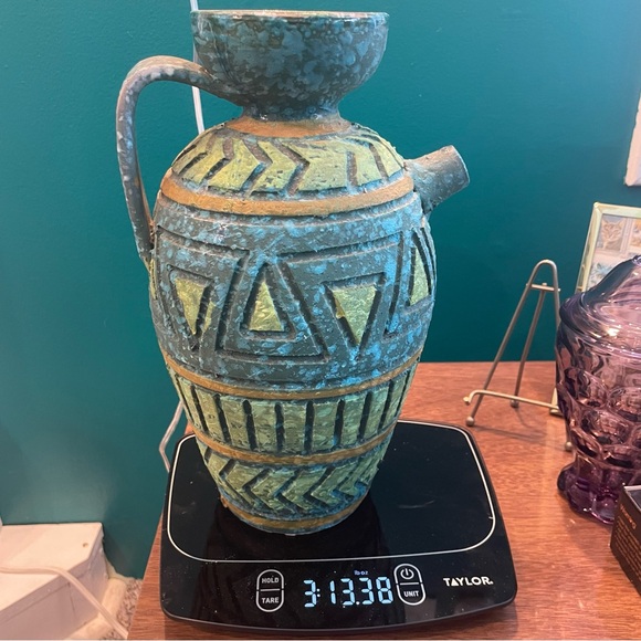 Italy Florentine Art Pottery Sgraffito Pitcher Vase Vessel Rimini Blue Green MCM - Picture 10 of 10